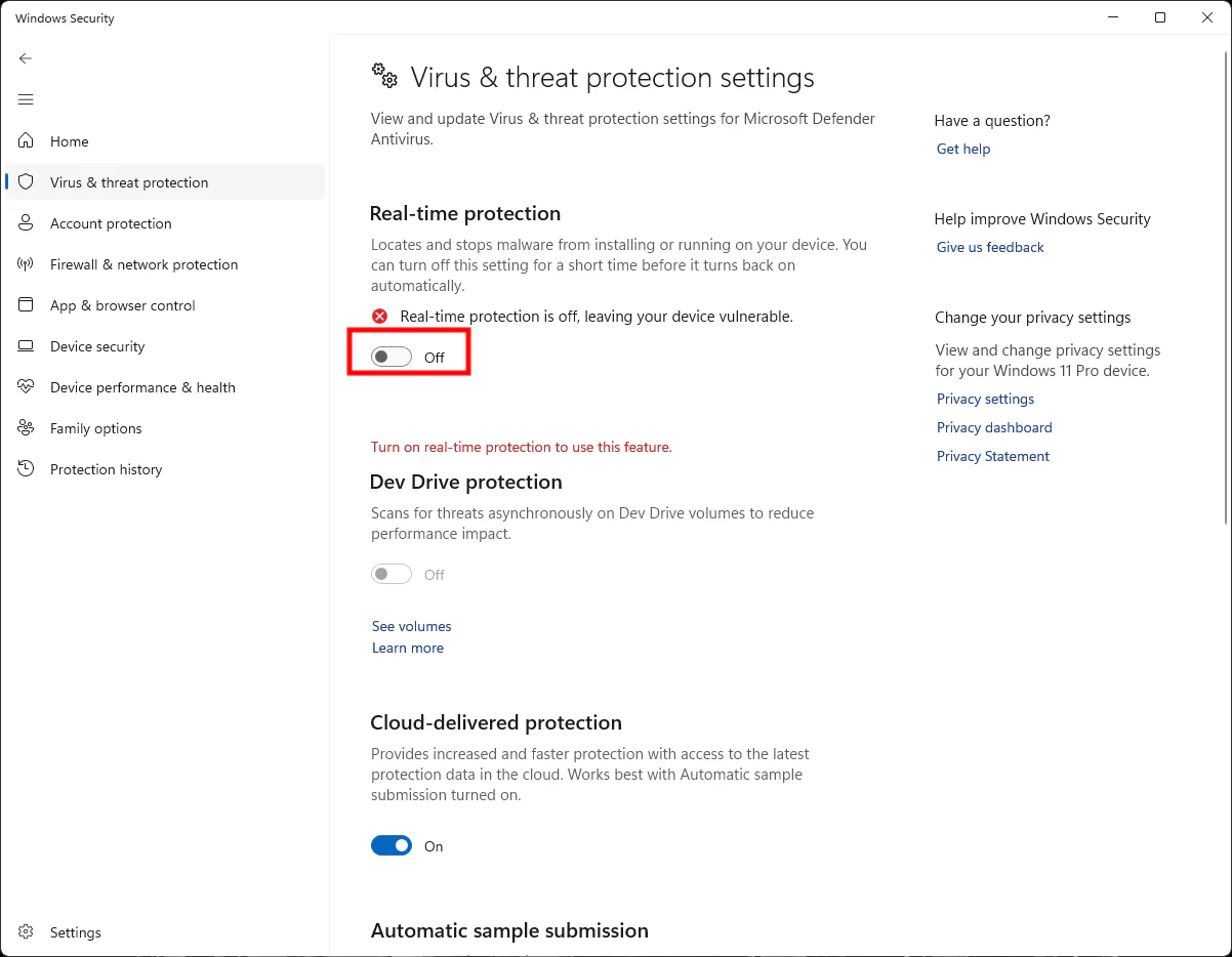 Windows Security settings with Real-time protection turned off.
