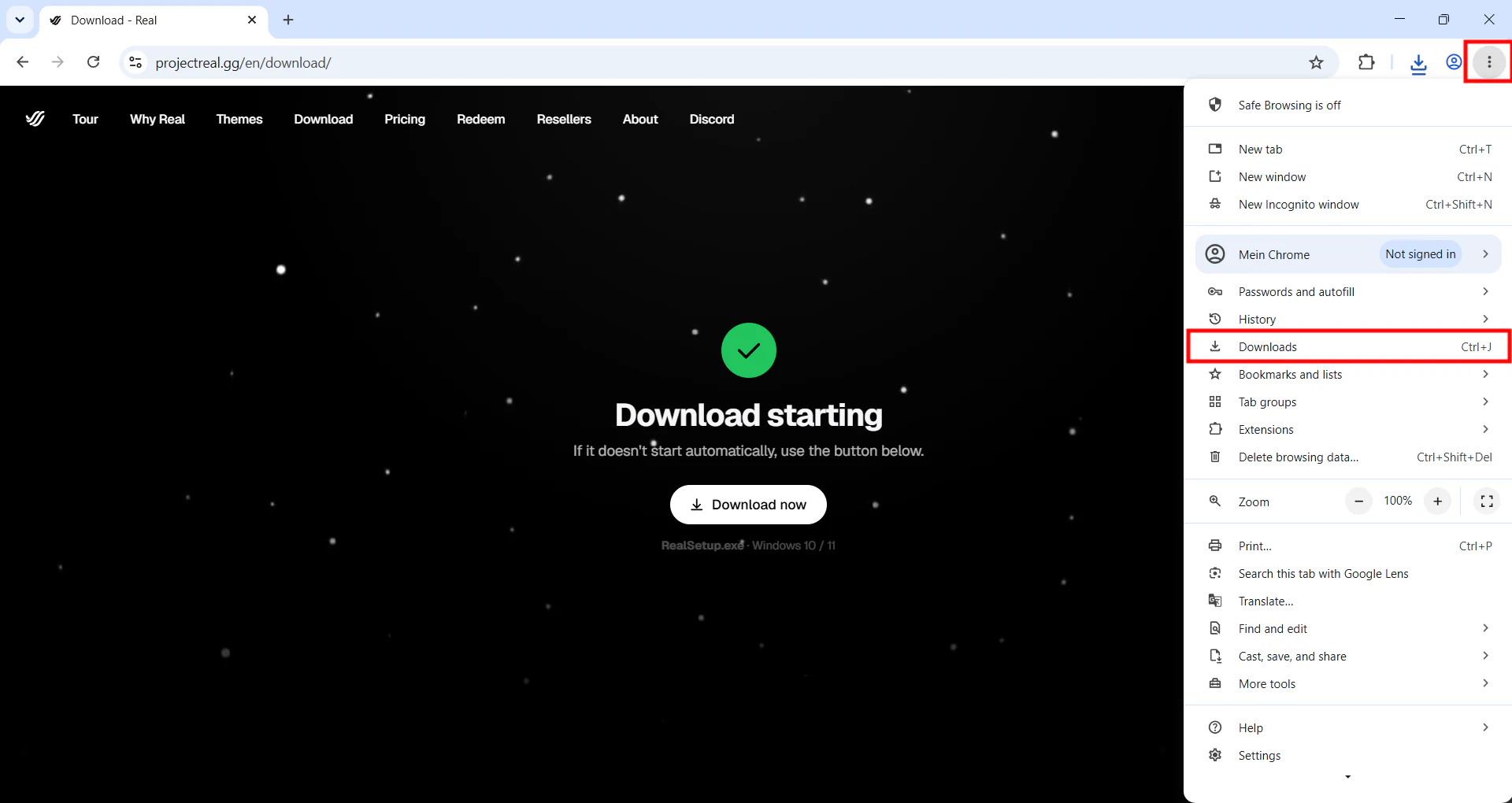 Chrome menu with Downloads and Ctrl + J highlighted.