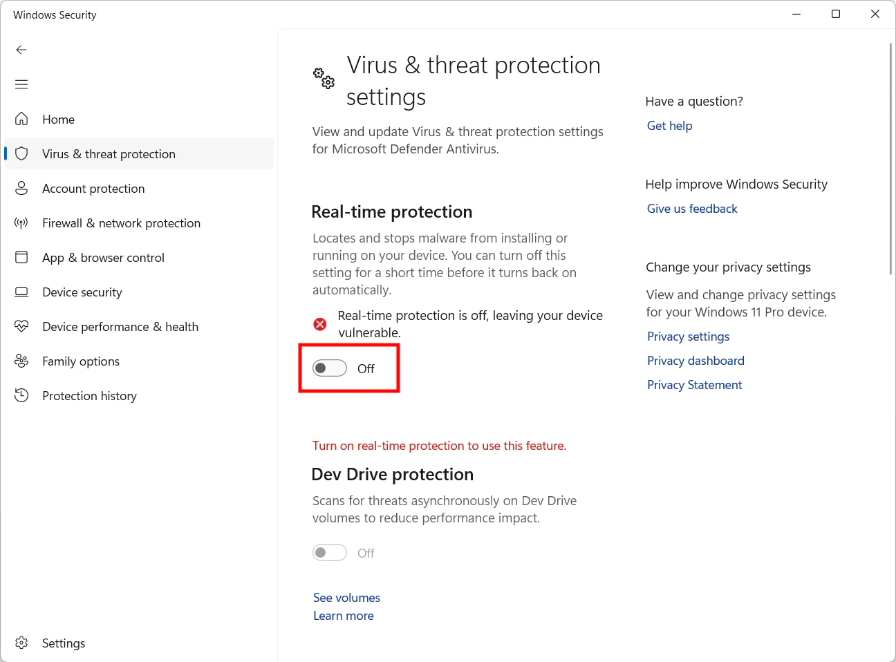 Windows Security with real-time protection turned off